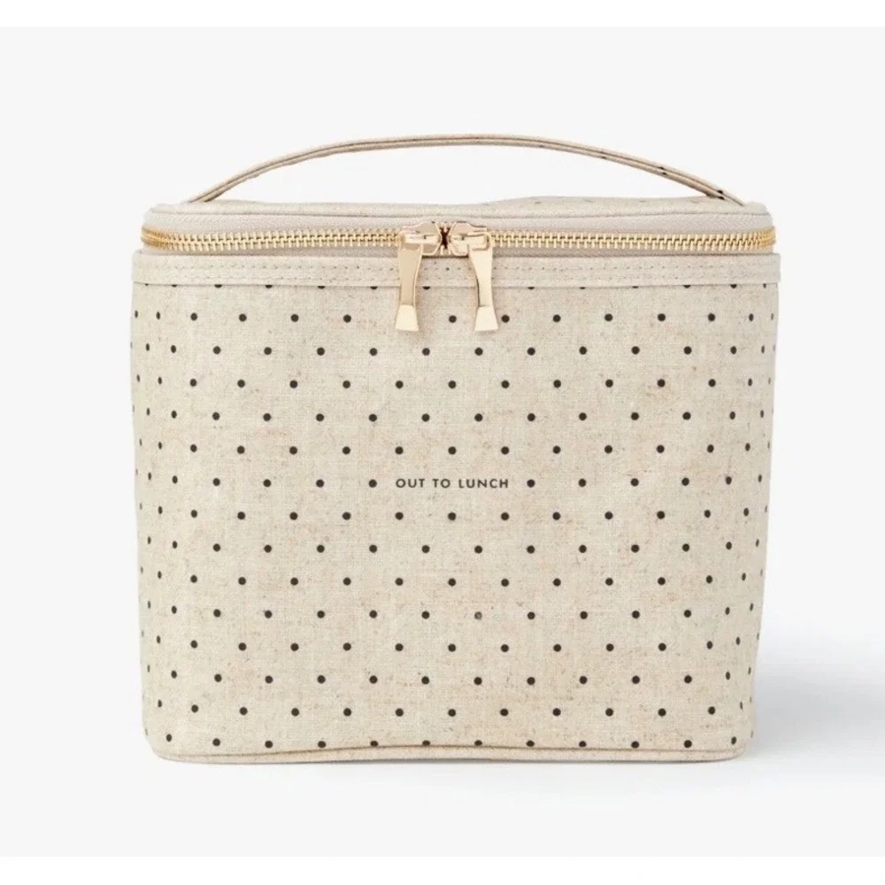 KATE SPADE NEW YORK Out To Lunch Box Bag Polka Dot Insulated Tote Beige Black‎